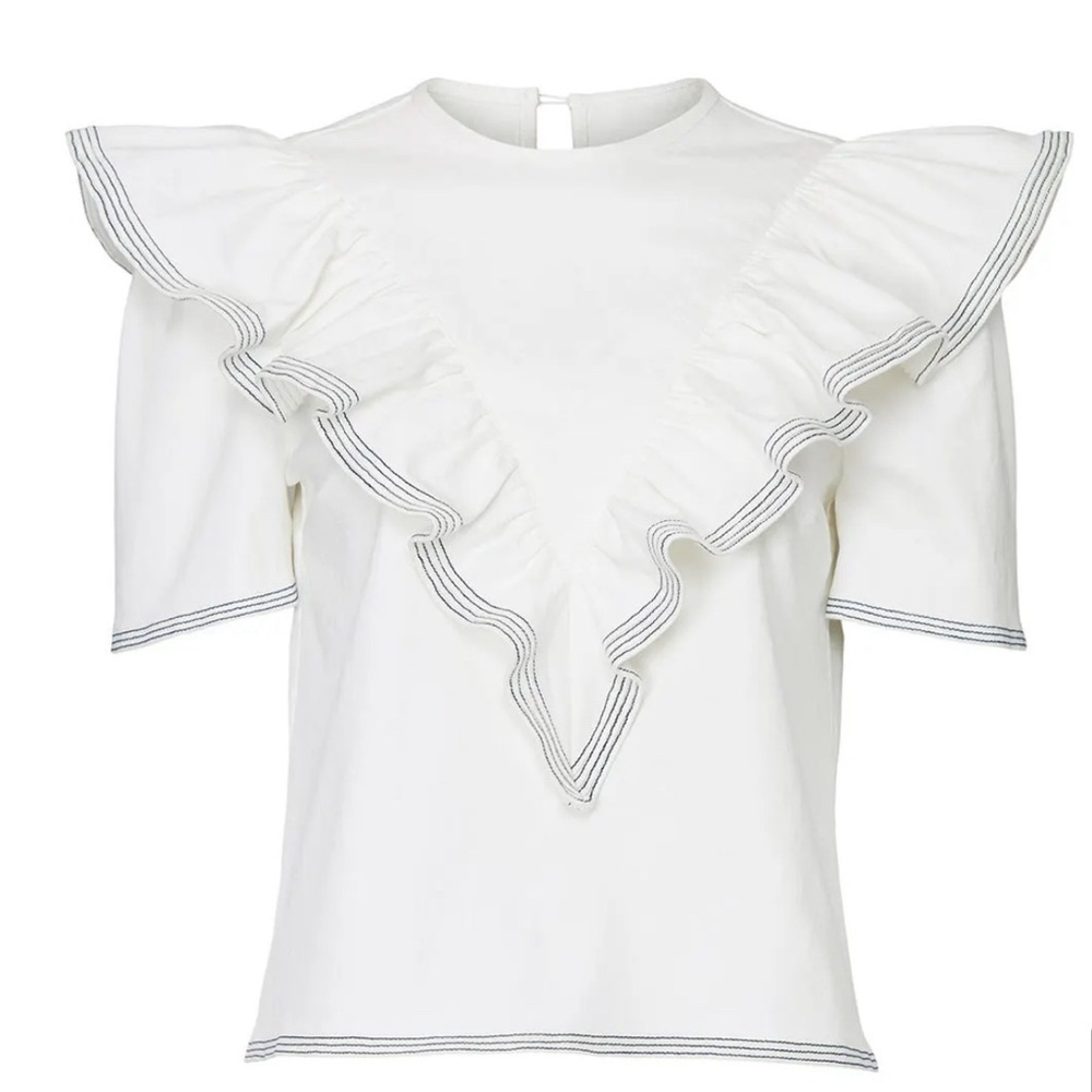 Saylor Anthropologie White Ruffle Sleeve Nautical Harriette Denim Top Size XS - Picture 2 of 12